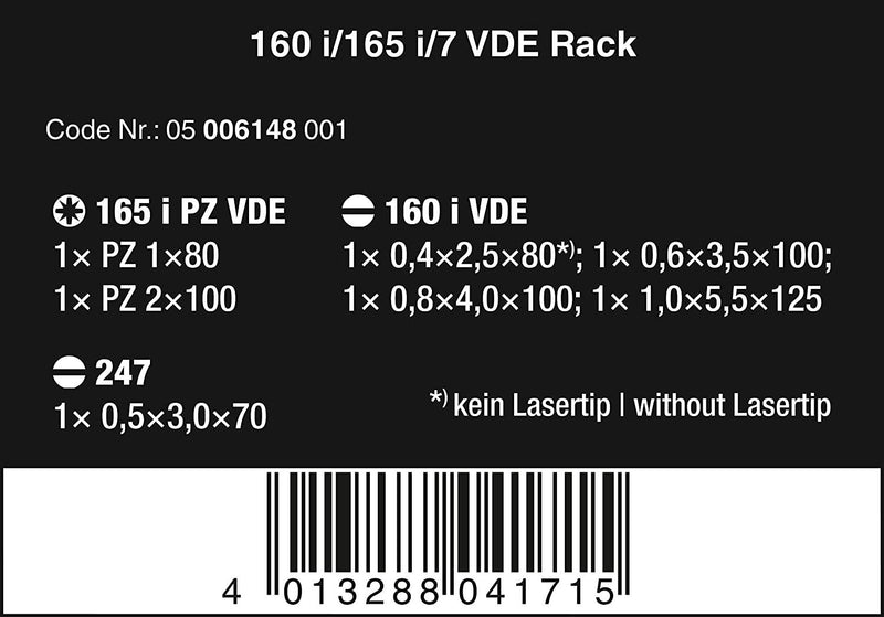 Wera 160 I/165 I/7 Rack Screwdriver Set Kraft Form Plus Series 100, Voltage Tester and Rack 7 Pieces, 7 Pieces