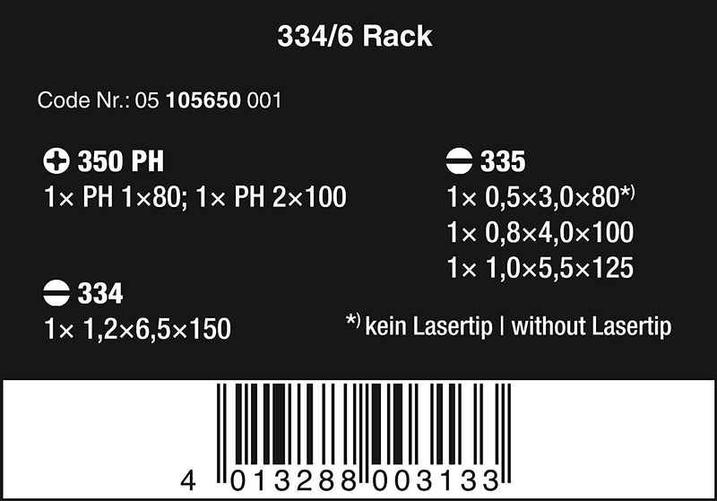 Wera 334/6 Rack Screwdriver Set Kraft Form Plus Laser tip and Rack 6 Pieces, 6 pieces