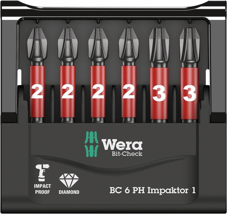 Wera Bit-Check 6 PH Impactor 1 Diamond Coated Impactor Phillips Bit 6 Piece Set, 6 Pieces