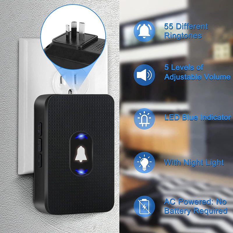Wireless Doorbell,300 Meters Ip55 Waterproof,with 1 Plug-in Receiver,55  Melodies 5-level Volume,led Flash-black