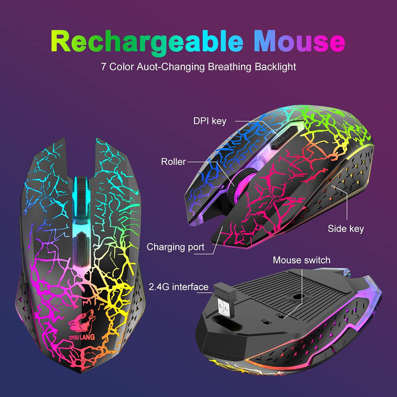 Wireless Gaming Keyboard Mouse Set Rainbow Backlit Rechargeable For PC PS4  Xbox
