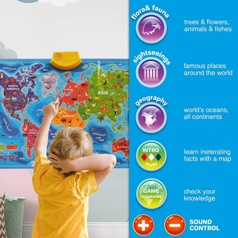 World Map Poster Wall Chart for Kids 4-8 Year Old - Learning and Educational Poster for Toddlers Age 3-5 by QUOKKA - Interactive Geography Game for Boy and Girl 6 7 - Electronic Wall Gift for 10-12 yo