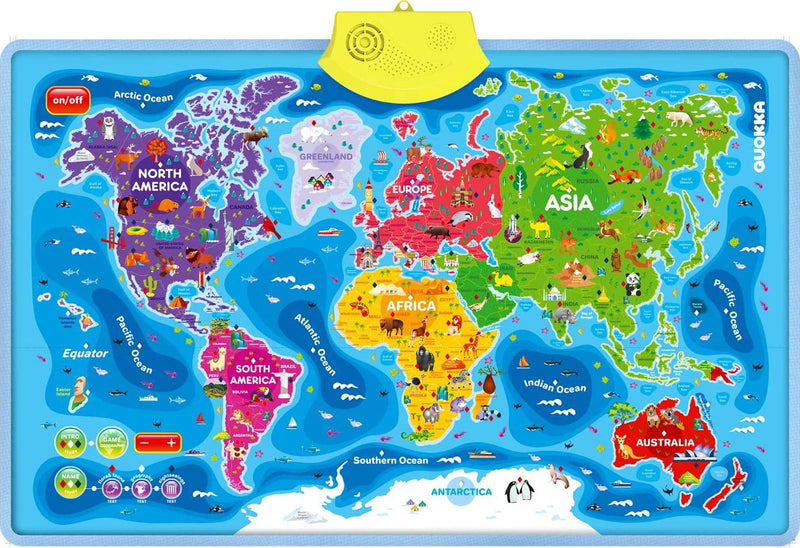 World Map Poster Wall Chart for Kids 4-8 Year Old - Learning and Educational Poster for Toddlers Age 3-5 by QUOKKA - Interactive Geography Game for Boy and Girl 6 7 - Electronic Wall Gift for 10-12 yo