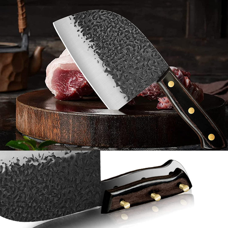 XYJ 6.7 inch Serbian Chef Knife Cutting Butcher Knives High Carbon Steel Forging Meat Cleavers for Camping Kitchen and Outdoor Cooking Tool with