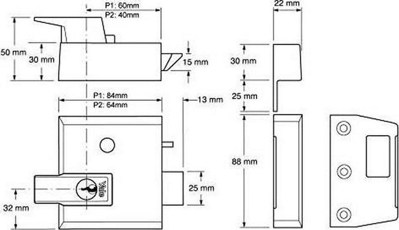 Yale P-1-BLX-PB-60 Double Locking Nightlatch, 60 mm Backset, Brass Finish, High Security, can be Locked from Inside with Key