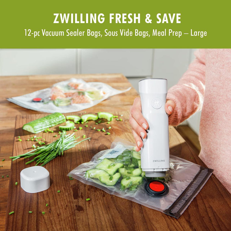 ZWILLING Fresh and Save Vacuum Sealer Bags for Food, 2 1/4 Gallon, Reusable Sous Vide Bags, Reusable Food Storage Bags for Meal Prep, Reusable Snack Bags, Dishwasher Safe, Set 12-pc, Large, Clear