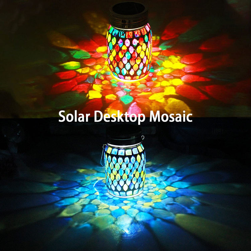 Mosaic Solar Lights Outdoor Hanging Lanterns, Rechargeable Mosaic Solar Lanterns， Outdoor Waterproof Solar Night Lights Table Lamps for Decorations
