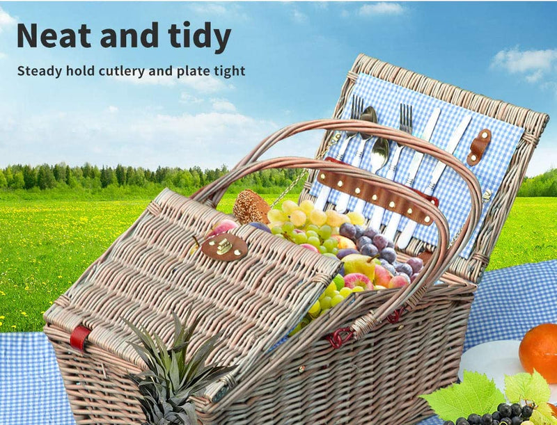 4 Person Picnic Basket Baskets Set Outdoor Blanket Willow Deluxe Folding Handle