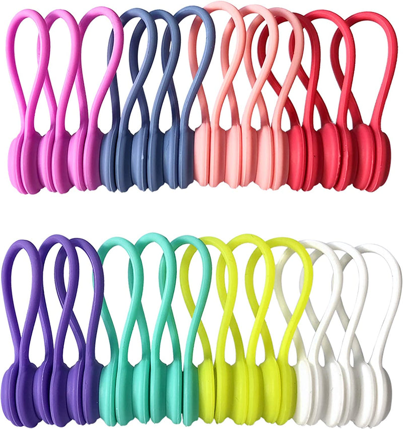 Reusable Twist Ties with Strong Magnet for Bundling and Organizing Cables,Headphone Cables,Usb Charging Cords,Hanging & Holding Keychain,Silicone Cord Winder Magnetic Cable Clips (8 Colors - 24 Pack)