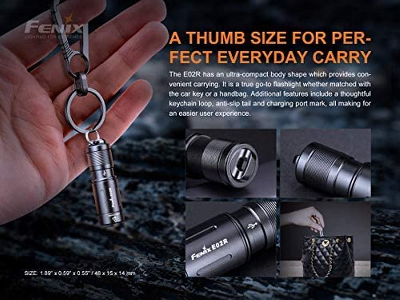 Fenix E02R 200 Lumen Rechargeable Torch with 49M Beam, 2 Brightness Level Keychain Handheld Led Torch for Hiking or Reading - Waterproof & Dustproof Tactical Flashlight with Micro USB Charging Port
