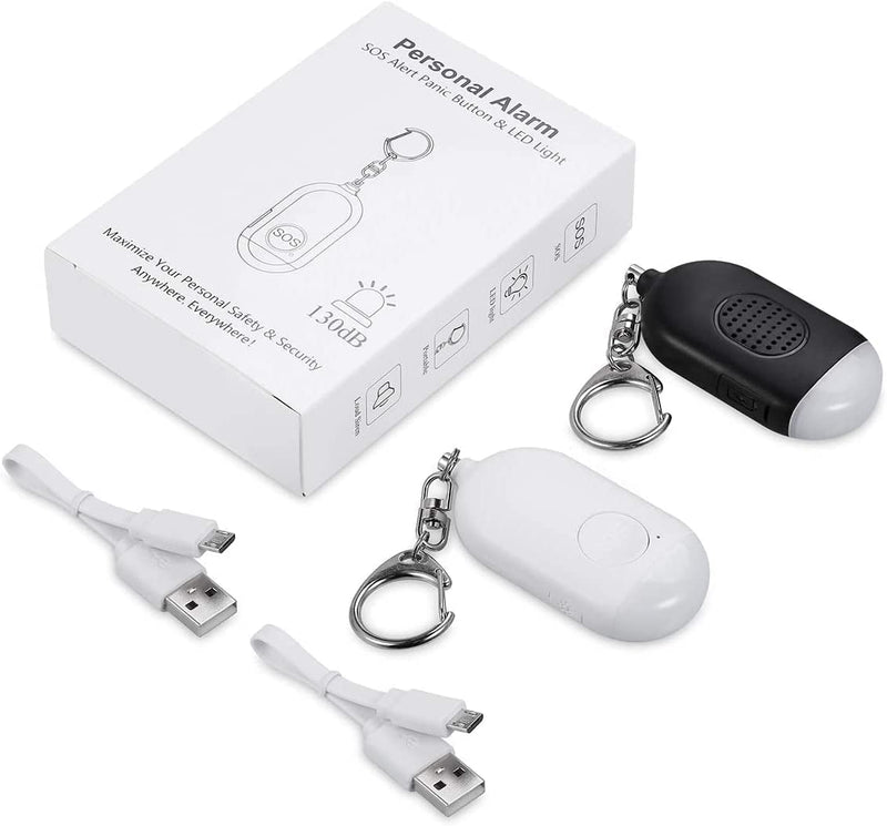 (Upgraded New Version) Safe Sound Personal Alarm, 130Db Rechargeable Safesound Security Alarm Keychain, Emergency Self Defense Alarm with LED Light, for Kids, Women, Elderly (2 Pack-White&Black)