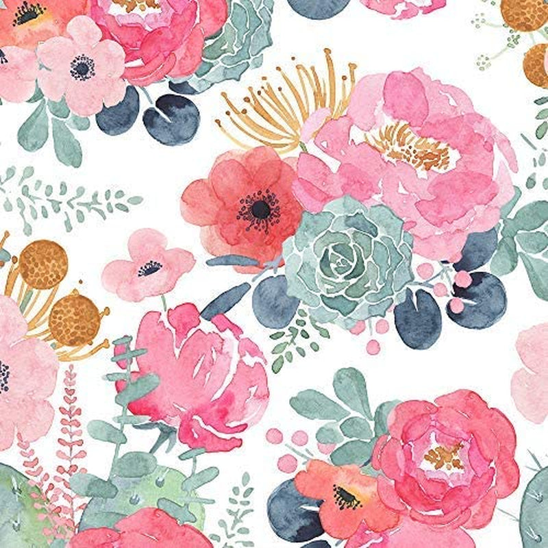 Haokhome 93005-2 Floral Wallpaper Peel and Stick Watercolor Cactus White/Pink/Green/Navy Blue Vinyl Self Adhesive Prepasted Decorative 17.7In X 32.8Ft