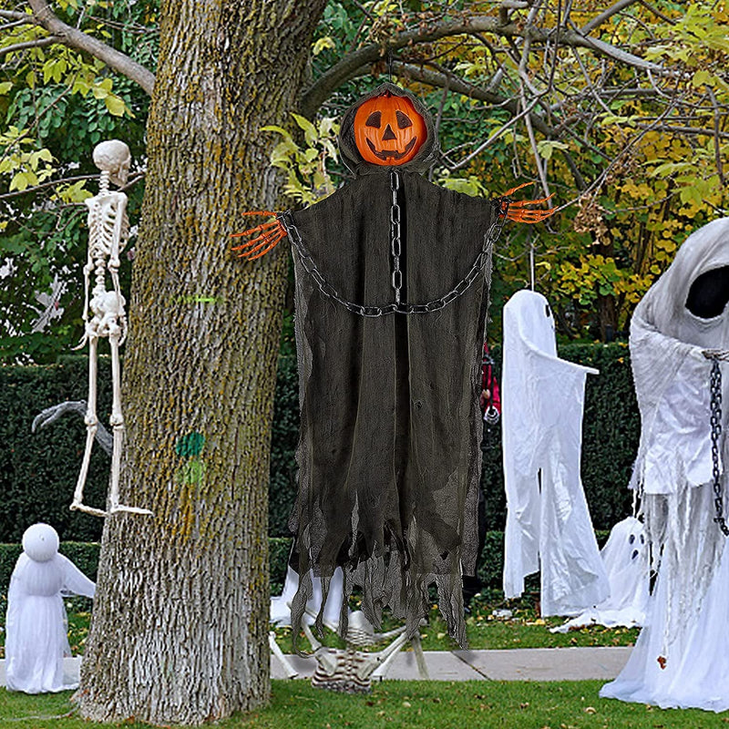 DR.DUDU Halloween Decorations 6 FT Hanging Ghost Pumpkin with Creepy Voice & Glowing Eyes, Pumpkin Grim Reapers Outdoor Party Decor for Yard Tree Porch Haunted House Prop