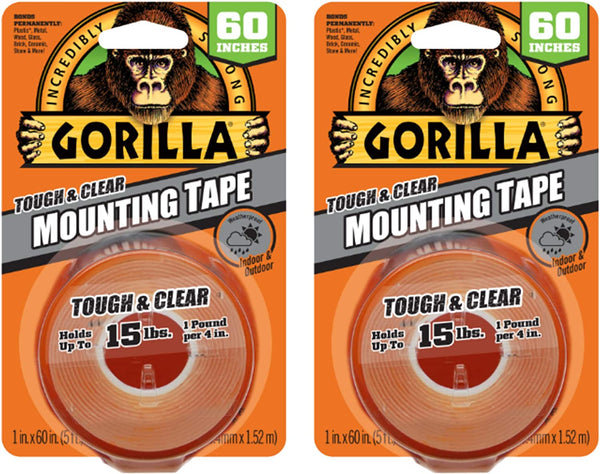 Gorilla Tough & Clear, Double Sided Mounting Tape, Weatherproof, 1" X 60", Clear, (Pack of 2)