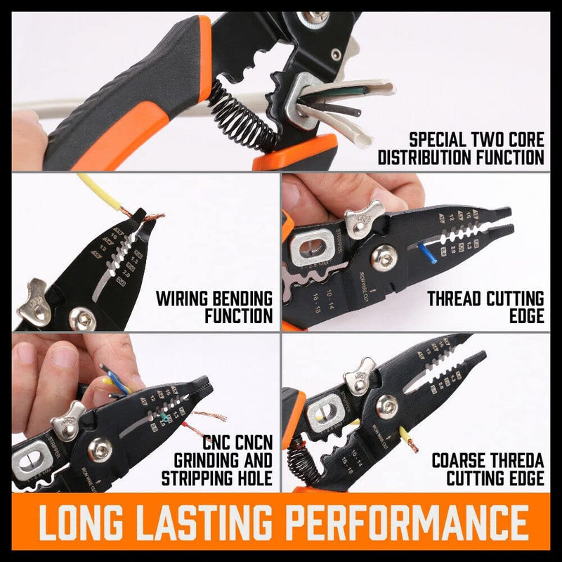 HORUSDY 6-In-1 Wire Stripping Crimper Tool, 8-Inch Wire Strippers Electrical for Wire Loop in Wire/Stripping/Crimping/Cutting/Iron Wire Cutting and Double Strand Wire Cutting