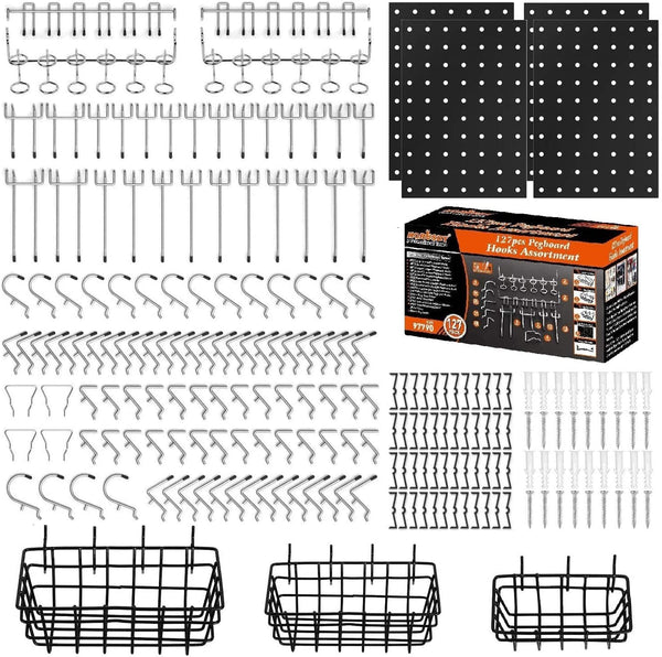 HORUSDY 127-Piece Pegboard Hooks Set, Peg Board Hooks Assortment with 3 Pegboard Baskets Organizing,4 Small Pegboard for Organizing Various Tools