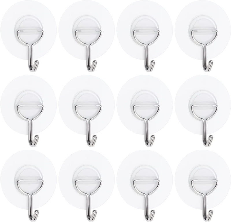 Small Plastic Hooks Self Adhesive,Clear Sticky Hooks for Hanging Extra Strong,Self Adhesive Wall Hooks Heavy Duty,Pack of 12