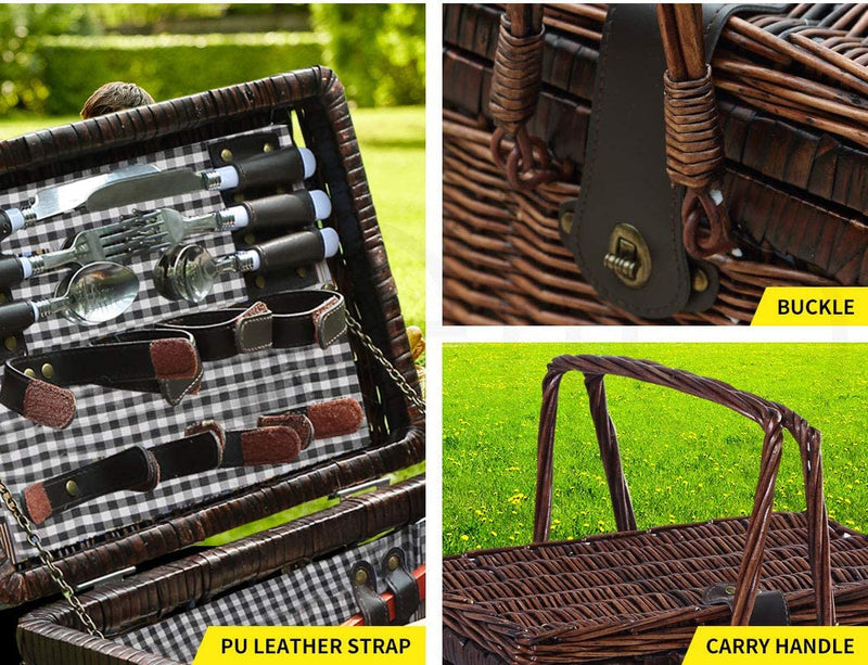 4 Person Picnic Basket Set Outdoor Baskets Deluxe Willow Gift Storage Carry Trip