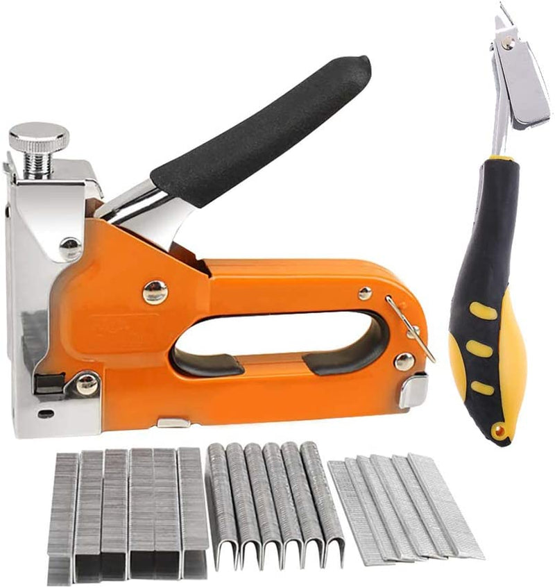 NUZAMAS Heavy Duty Staple Gun Kit, Includes Staple Gun, 600 Staples (200 Each U Shape, Door Shape, T Shape) and Staple Remover for Diy Applications, Plastic Body, Hand Operated 3 Way Stapler