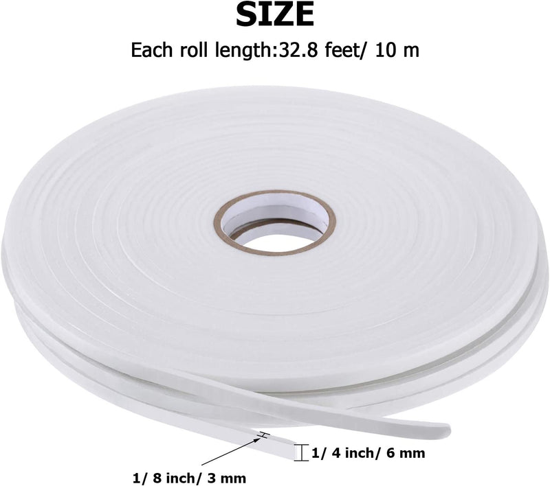 3 Rolls Foam Mounting Tape White PE Double Sided Foam Tape Foam Adhesive Tape 1/4 Inch Wide by 32.8 Feet Long Each Roll