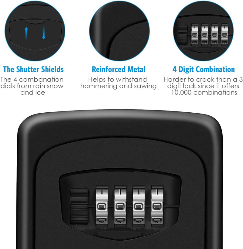 Key Lock Box, Wall Mounted Key Safe Box, Weatherproof 4 Digit Combination Key Storage Lock Box, 5 Keys Capacity for Indoor Outdoor, Small Size 3.66Inch（Black）