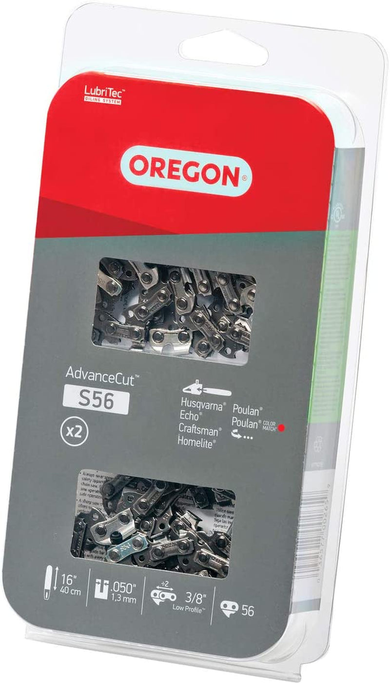 Oregon S56T Advancecut Chainsaw Chain for 16-Inch Bar, Fits Echo CS-400, CS-310, CS-352 and CS-370, Poulan 2150 and 3816 & More, 56 Drive Links (2-Pack), Grey
