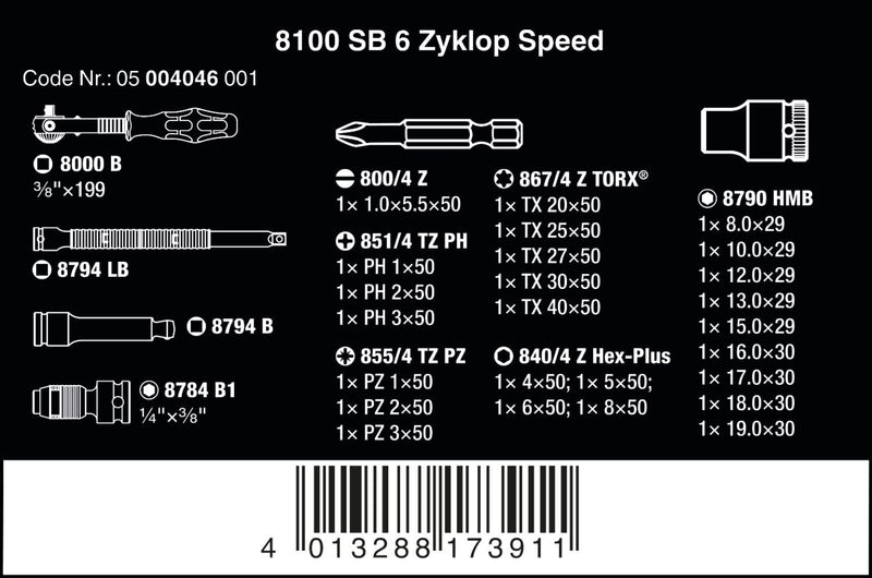 Wera 05004046001 8100 SB 6 Zyklop Metric Speed Ratchet Set, 29 Piece, 3/8" Drive