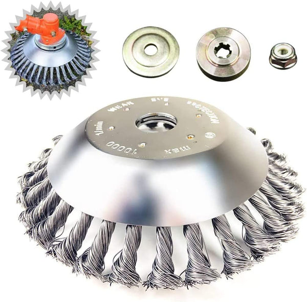 BGTOOL 8 Inch Rotary Weed Brush Joint Twist Knot Steel Wire Wheel Brush Disc Trimmer Head Universal Fit Straight Shaft Trimmer with 4Pcs Trimmer Blade Adapter for Sthil Honda Etc