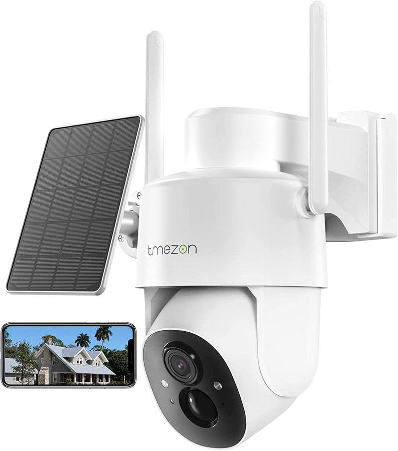Solar Powered Security Camera TMEZON Outdoor Wireless 360° PTZ Camera for Home Surveillance with 3MP Night Vision Pan Tilt Solar Powered Two-Way Audio Motion Detection 2.4Ghz Wifi IP65
