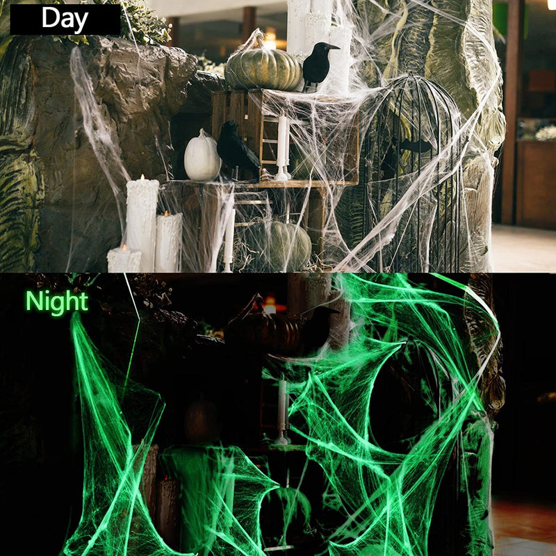 Glow in the Dark Spider Web Halloween Fake Spider Web White Stretch Spider Webs Halloween Decoration Cobwebs for Creepy Halloween Home and Party Indoor and Outdoor Decor, 200 G(1)