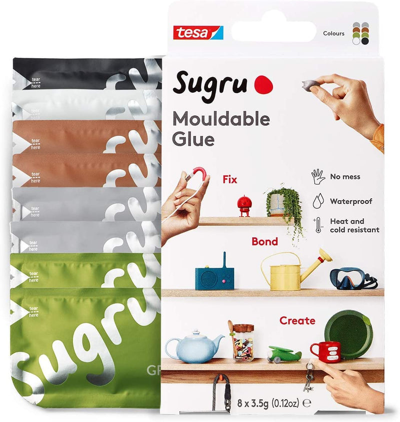 Sugru Moldable Multi-Purpose Glue for Creative Fixing and Making, 8-Pack, Black, White, Green, Brown & Gray, 8 Piece