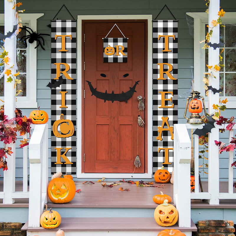 Halloween Banner Trick or Treat Banners Halloween Check Plaid Banners Porch Signs Garden Flags Rustic Halloween Decor for Outdoor Indoor Home Farmhouse Classroom Door Window Wall (Black and White)