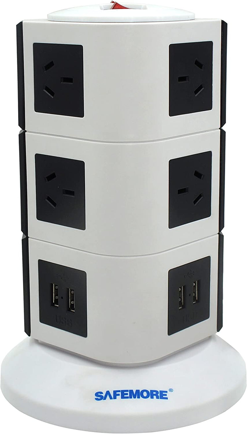 SAFEMORE SM-GL2U003 Origin 3L+ - USB Power Strip 10-Outlet Charging Station with 4 Smart USB Ports and 2-Metres Power Cord (White/Black)