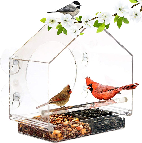 Valuehall Window Bird Feeder Window Bird House Crystal Clear Acrylic with Removable Tray Drain Holes and 4 Strong Extra Suction Cups for Wild Birds, Finch, Cardinal and Bluebirds V7D07