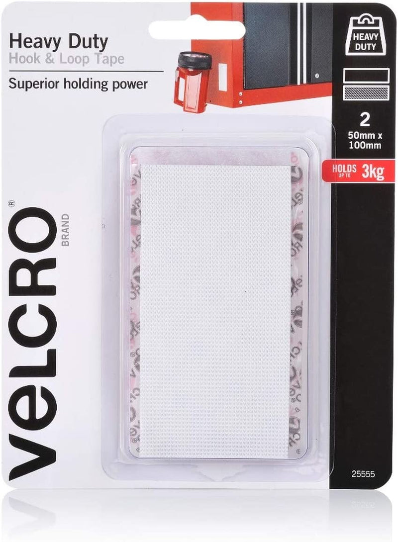 VELCRO Brand Heavy Duty Tape - Wide Rectangles with Adhesive - 50Mm X 100Mm - White - 2 Sets