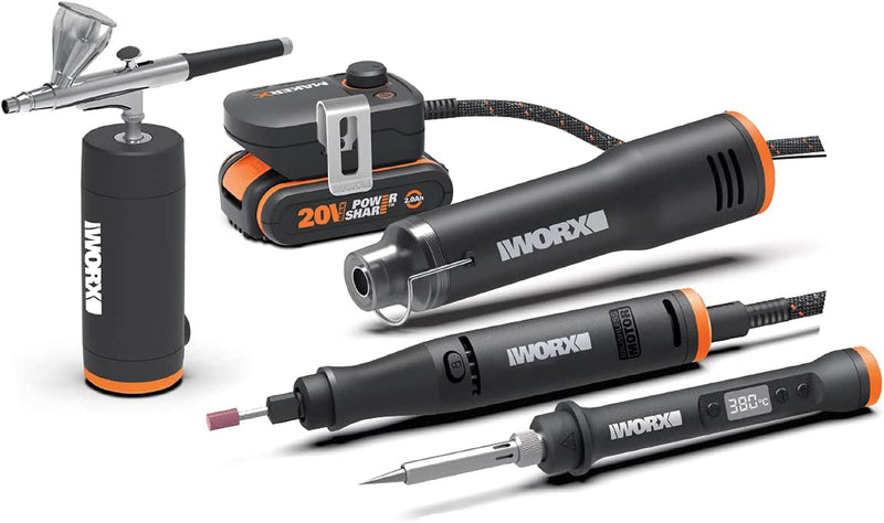 Worx 20V Makerx Rotary Tool + Air Brush + Heat Gun + Wood/Metal Crafter 49 Pieces Kit and 6.0Ah Lithium-Ion Battery W/Indicator - WA3641