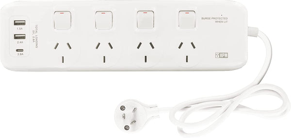 HPM 4 Way Switched Powerboard with USB A&C, White