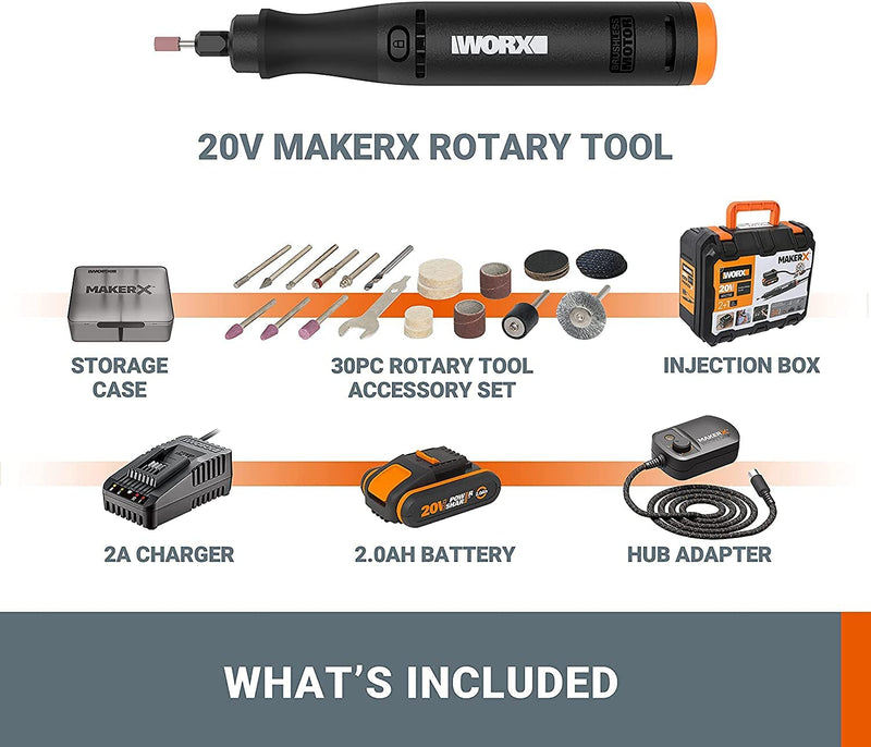 Worx 20V Makerx Cordless Kit Rotary Tool + Adaptor + 2.0Ah Battery + Charger