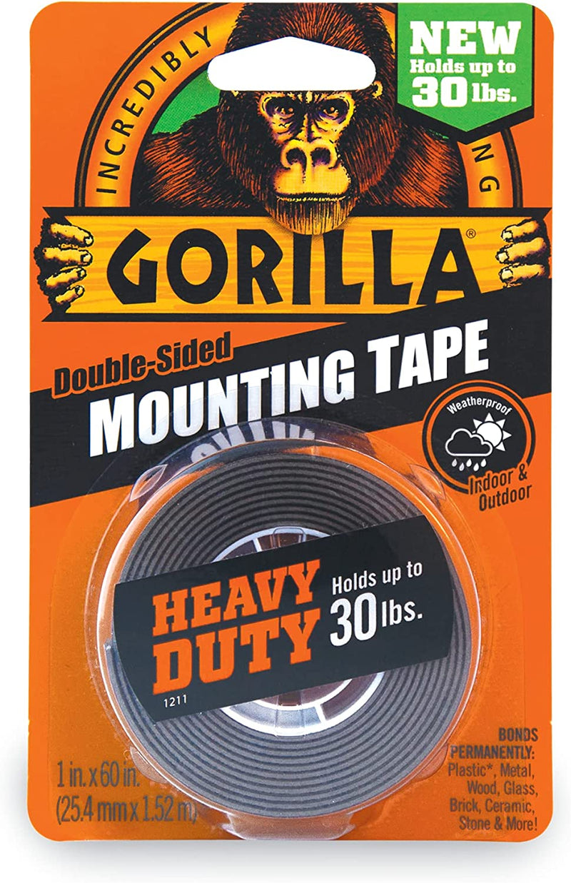 Gorilla Heavy Duty Double Sided Mounting Tape, Hanging, Instant 13.6Kg Strong Hold, Permanent Bond, Weatherproof, 25.4Mm X 1.52M, Black, (Pack of 1), GG41027