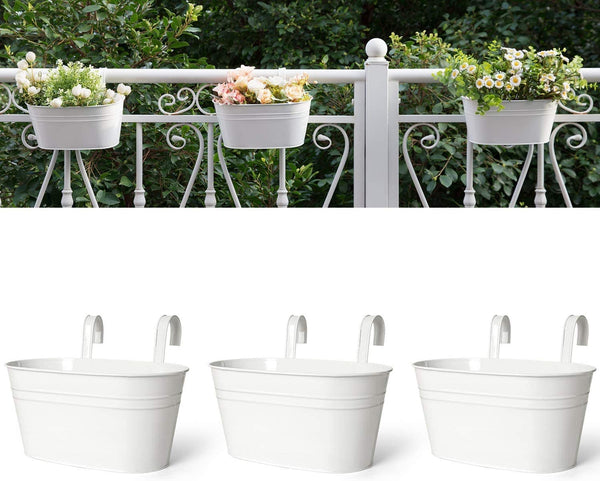 Dahey 3 Pack Metal Iron Hanging Flower Pots for Railing Fence Hanging Bucket Pots Countryside Style Window Flower Plant Holder with Detachable Hooks Home Decor,White