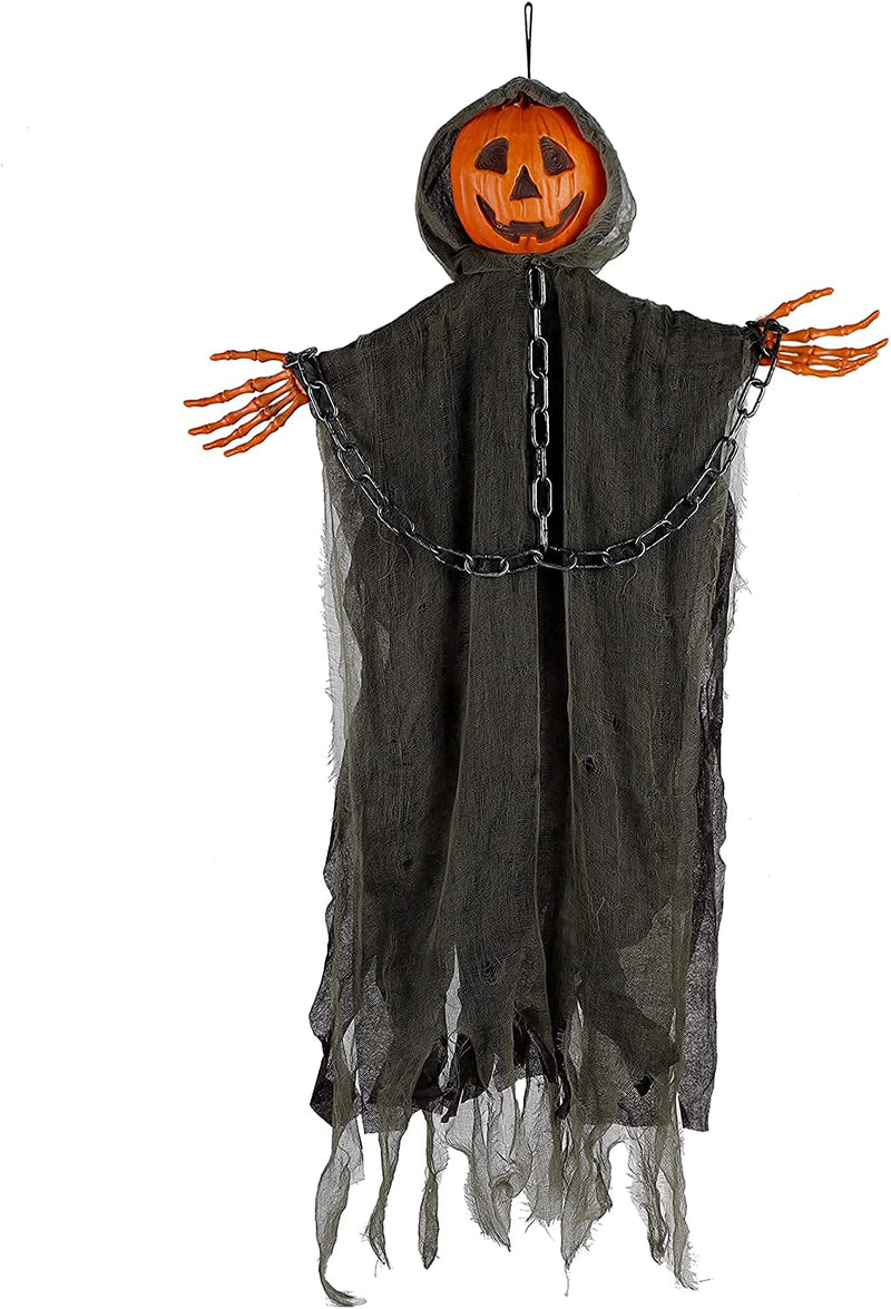 DR.DUDU Halloween Decorations 6 FT Hanging Ghost Pumpkin with Creepy Voice & Glowing Eyes, Pumpkin Grim Reapers Outdoor Party Decor for Yard Tree Porch Haunted House Prop