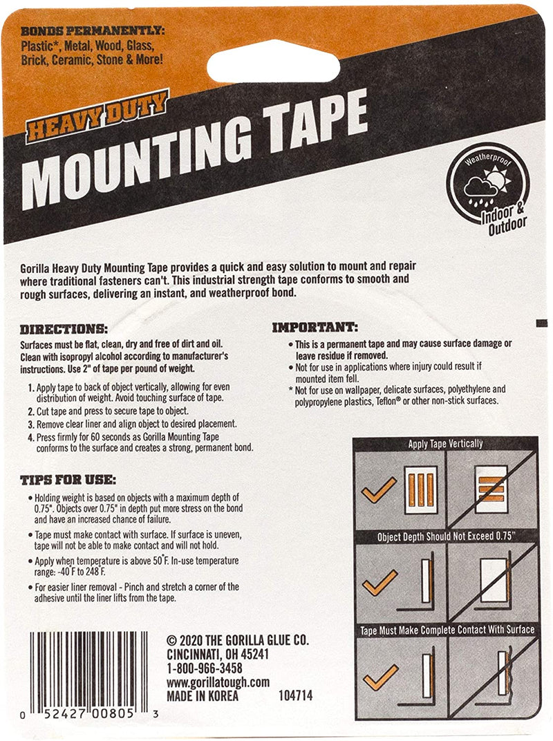 Gorilla Heavy Duty, Extra Long Double Sided Mounting Tape, 1" X 120", Black, (Pack of 1)