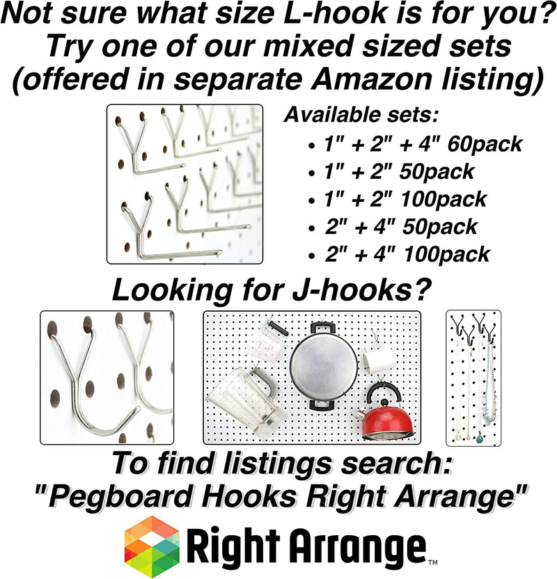 Metal Pegboard Hooks 50-Pack 2 + 4” L Hook - Will Not Fall Out - Fits