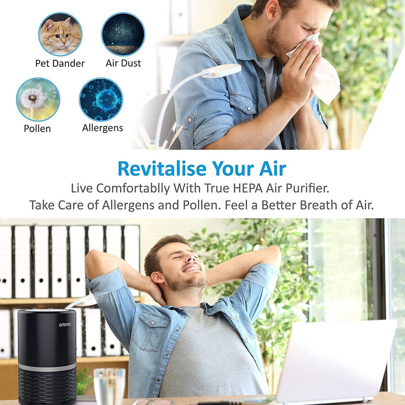 Arovec™ H13 True HEPA Air Purifier, Compact for Home Air Cleaner, 3-Stage Filter System. Quiet, Multiple Fan Speed, Removes Smoke, Dust, Pollen, Pet Dander, Odours and Mould Spores from the Air, 2-Yr Warranty, AV-P152B (1Pack, Black)