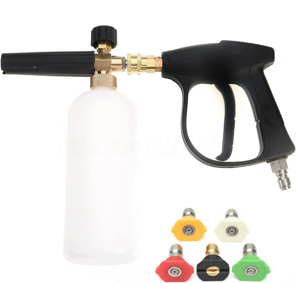 NUZAMAS High Pressure Washer Gun with 5 Water Nozzle Tip & 1L Snow Foam Lance Bottle Kit for Car Floor Deck Windows Cleaning Quick Connector
