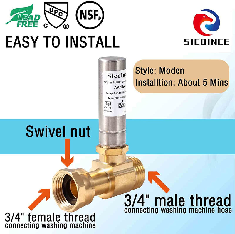 Sicoince Water Hammer Arrestor Washing Machine 3/4 Inch Thread Lead Free Brass Y241-11-11-S (1 Pack)