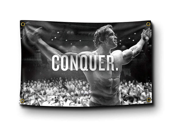 Banger - Original Arnold Schwarzenegger Conquer Motivational Inspirational Office Gym Wall Decor 3X5 Feet Flag Banner