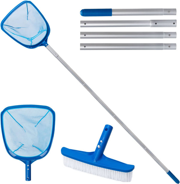 Pool Skimmer Net - Professional Heavy Duty Leaf Skimmer Mesh Rake Net with 4 Aluminum Pole Sections and Pool Step Brush for Spa Pond Swimming Pool, Hot Tubs Pool Cleaner Supplies and Accessories