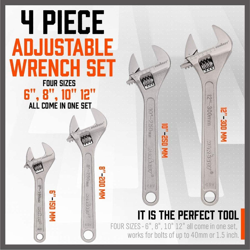 HORUSDY 4-Piece Adjustable Wrench Set, CR-V Steel Shifter, Crescent Wrenches Set(6-Inch, 8-Inch, 10-Inch, 12-Inch)