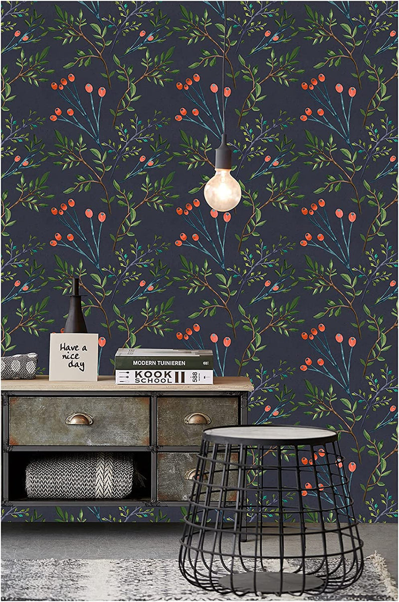 Haokhome 93108 Vintage Forest Peel and Stick Wallpaper Floral for Bedroom Black/Brown/Green/Red Removable Accent Wall Decorations 0.45M X 3M